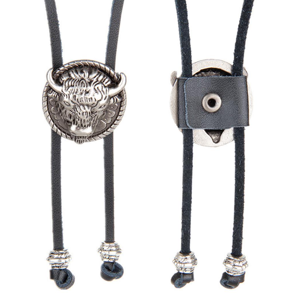 Bolo Tie Handmade Round Shape Western Cowboy Bola Tie Bull Head Faux Leather Pendant Necklace for Men