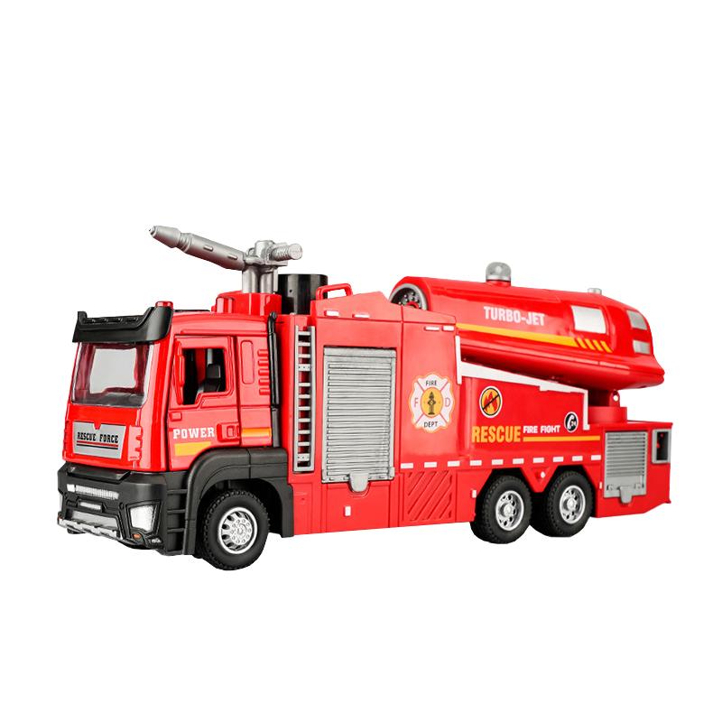 1/32 Spray Fire Engineering Truck Car Toy Model Alloy Diecast Sound Light Rubber Tires Vehicle Collection Kids Toys Christmas