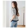 Womens Striped Cotton Blouse Casual Stand Collar Short Puff Sleeve Button Up Shirt