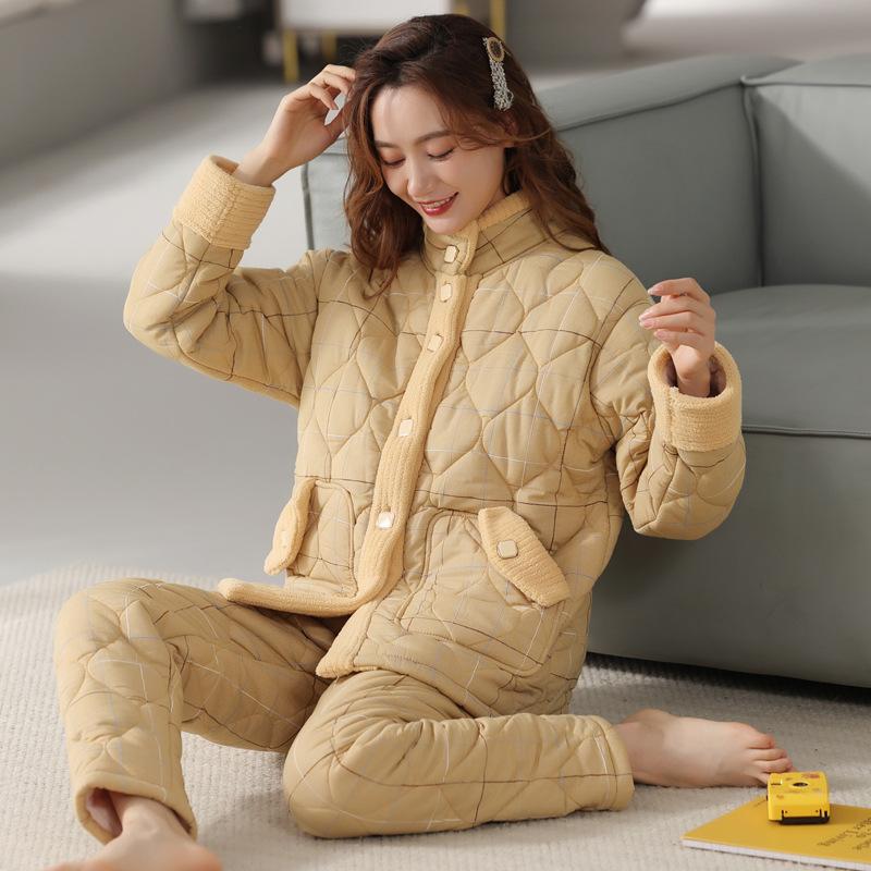 Pajamas Women'S Winter Three-Layer Velvet Thickened Padded Set Woven Pure Cotton Interlayer Winter Women'S Warm Loungewear