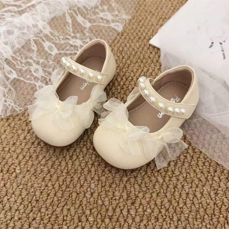 Girls leather shoes baby lace pearl princess shoes 2025 spring and autumn new little girl versatile princess style small leather shoes