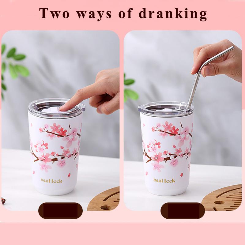 Tazza in Acciaio Inossidabile 304 Fiori di Ciliegio Tazza Portatile da Esterno Bottiglia Tazza per Tè al Latte Caffè Bottiglia d'Acqua Antigoccia Tazza d'Acqua Fiori di Ciliegio