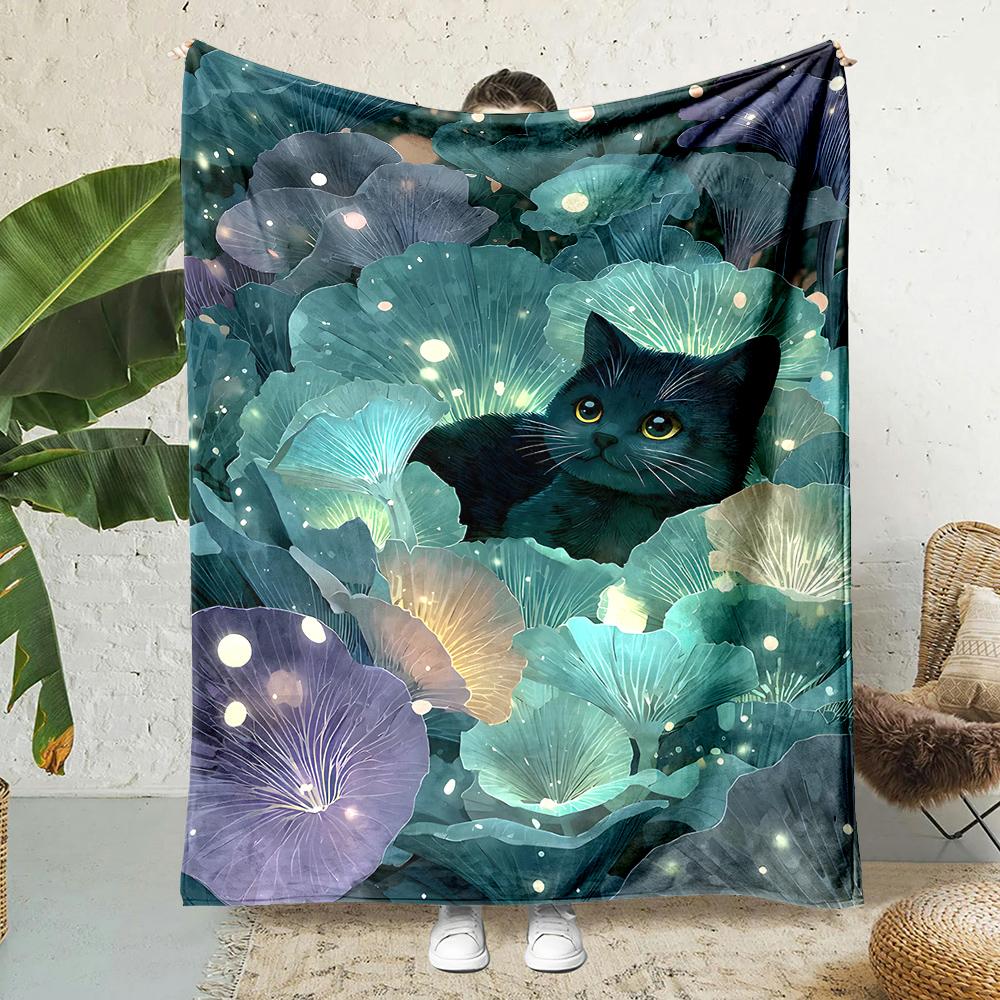 Black Cat Glowing Flowers Fireflies Fantasy Print Blanket Warm Soft Fluffy S Adult Sofa Bed Throw Outdoor Travel Camping RV