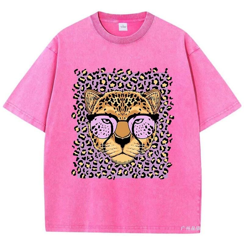 Vintage Womens Acid Wash T-Shirts Leopard Cartoons Printing