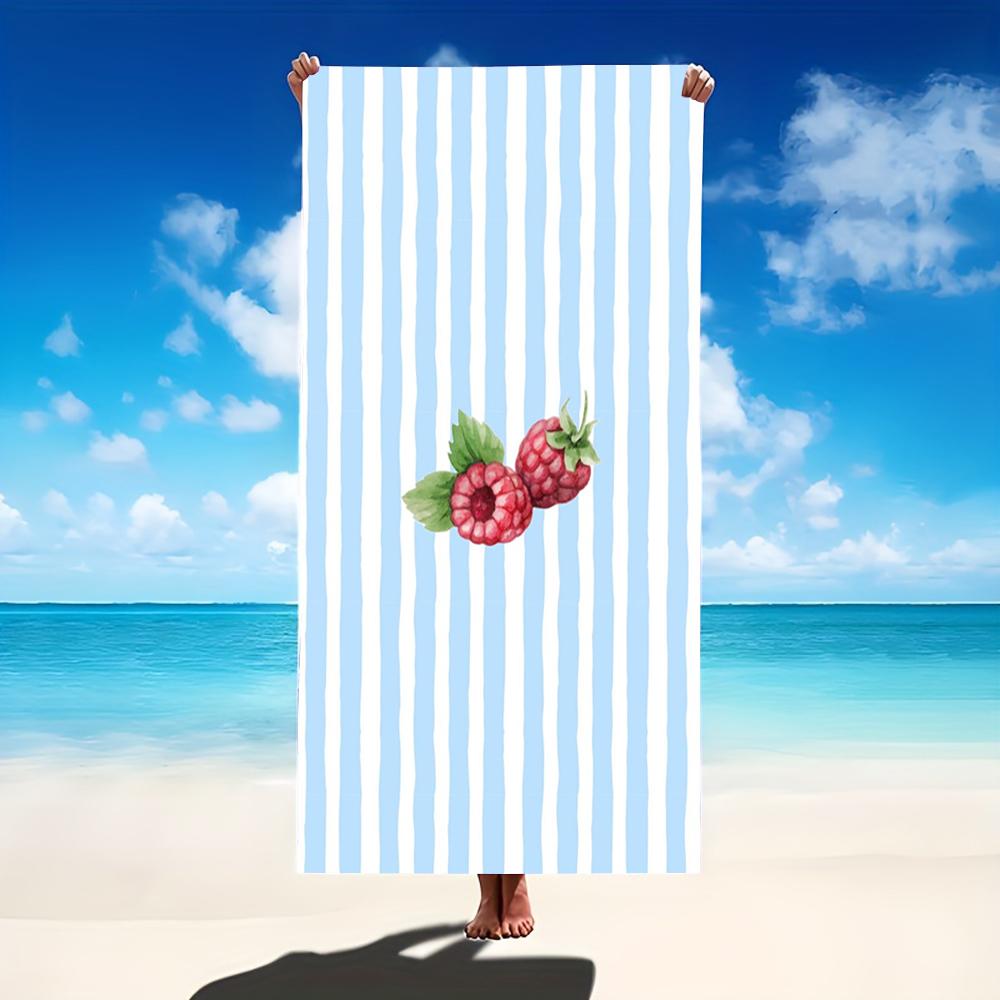Blue and White Striped Raspberry Print Beach Towel Watercolor Blueberry Towel for Men Women Ideal for Summer Beach Trips