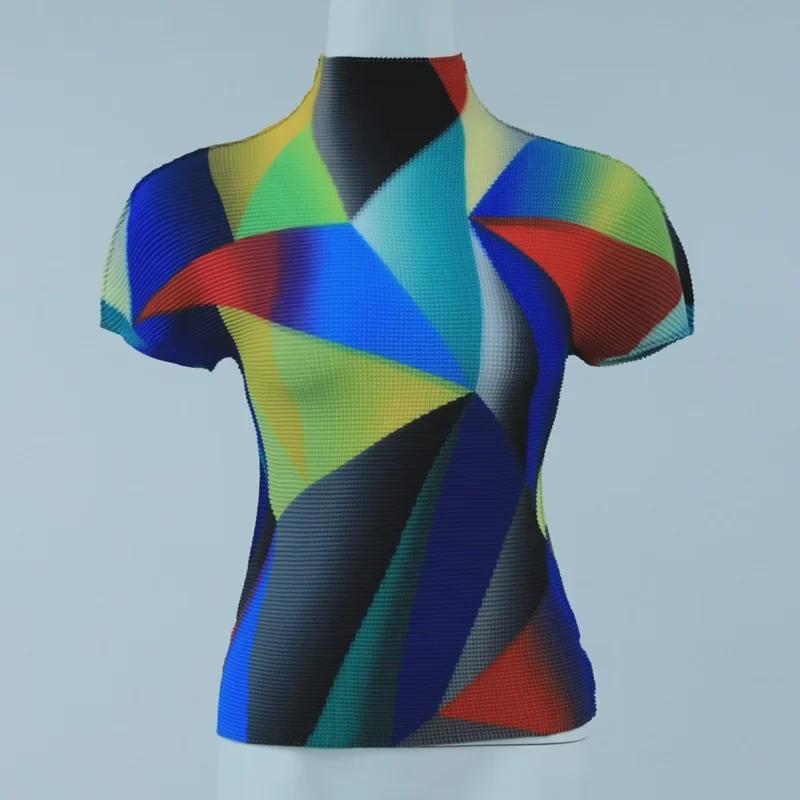 

Women s Pleated Slim Fit High Collar Short Sleeve T-Shirt, New Spring/Summer Fashion. One Size разноцветный