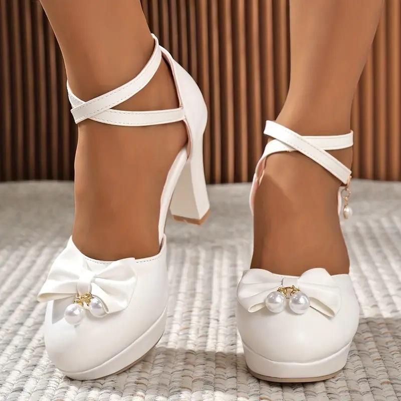 Plus Size Bow Side Hollow Platform Ultra High Thick Heel Sweet Cute Sandals Ankle Cross Fine Strap Pearl Buckle Sandals 2025
