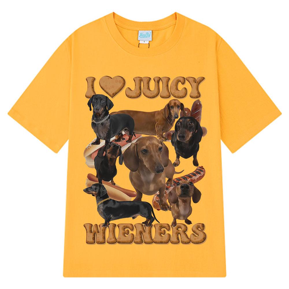 I Love Juicy Wiener Funny Dog Meme T-Shirt Summer Hip-hop T-shirts for Men and Women Short-sleeved Oversized Casual T-shirts Top