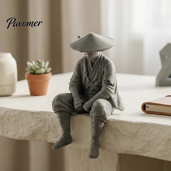 Traditional Chinese Martial Arts Art 3D Printed Ancient Hermit Warrior Figurine, Swordsman Statue with Bamboo Hat, Zen Tea Table Ornament Mini Desktop