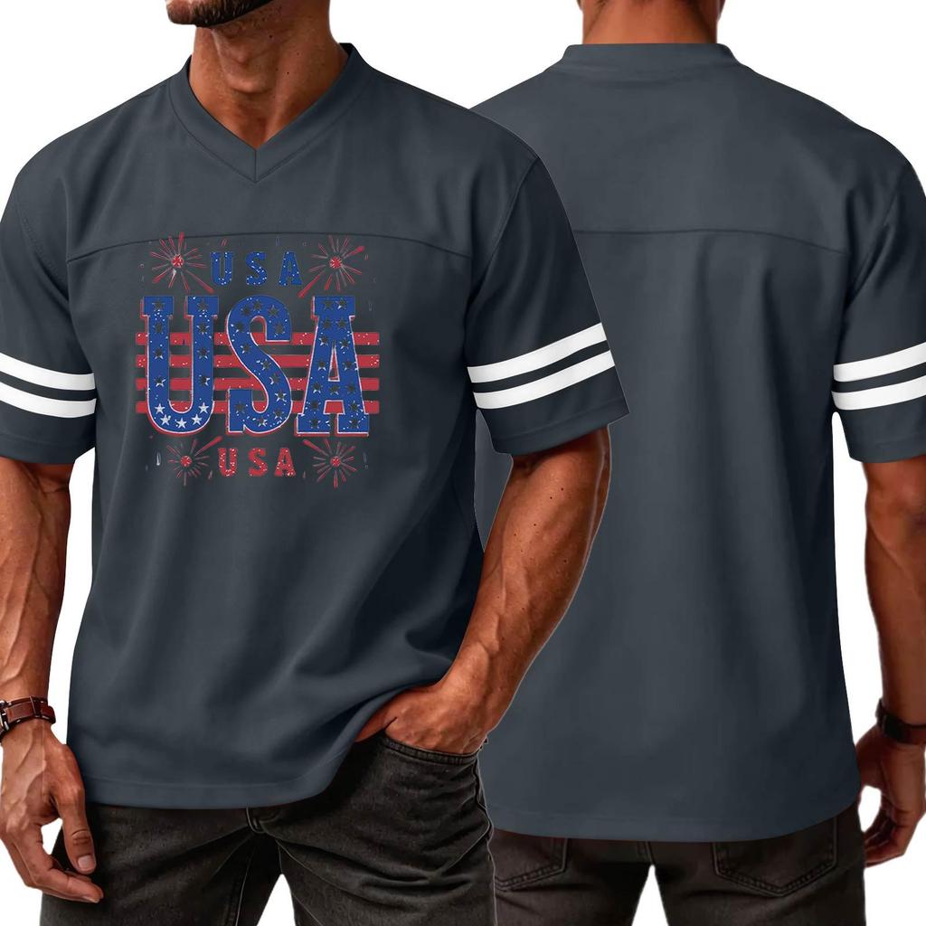 Men V Neck Casual Short Sleeve Sports T Shirt with USA Print Athletic Fit Comfortable Lightweight Top for Daily Wear