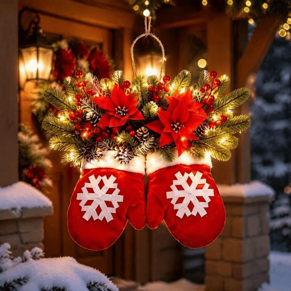 Snowflake Door Hanging Decor Artificial Pinecone Poinsettia Mitten Shaped Door Ornament Traditional Luminous Christmas Garland