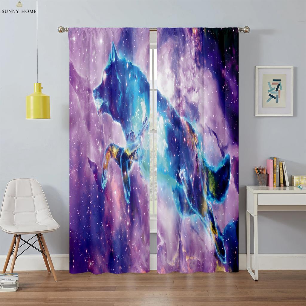 Wolf Under The Stars Animal Print Curtains Bedroom Living Room Balcony Outdoor Decoration Curtains Home Decoration 2 Pieces