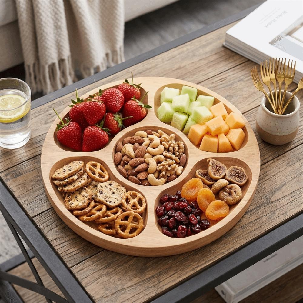 Multi Grid Separated Divided Tray Wood Tea Snack Tray  Guest Reception Serving 25cm