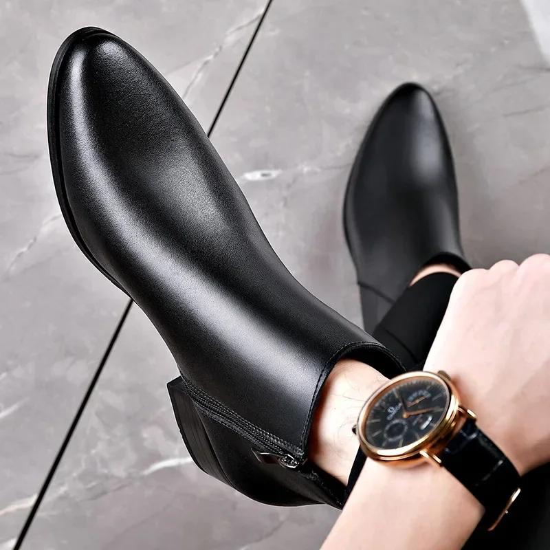 British Business Leather Boots for Men High Heels Pointed Toes and Fleece Chelsea Boots Male Casual Shoes Man