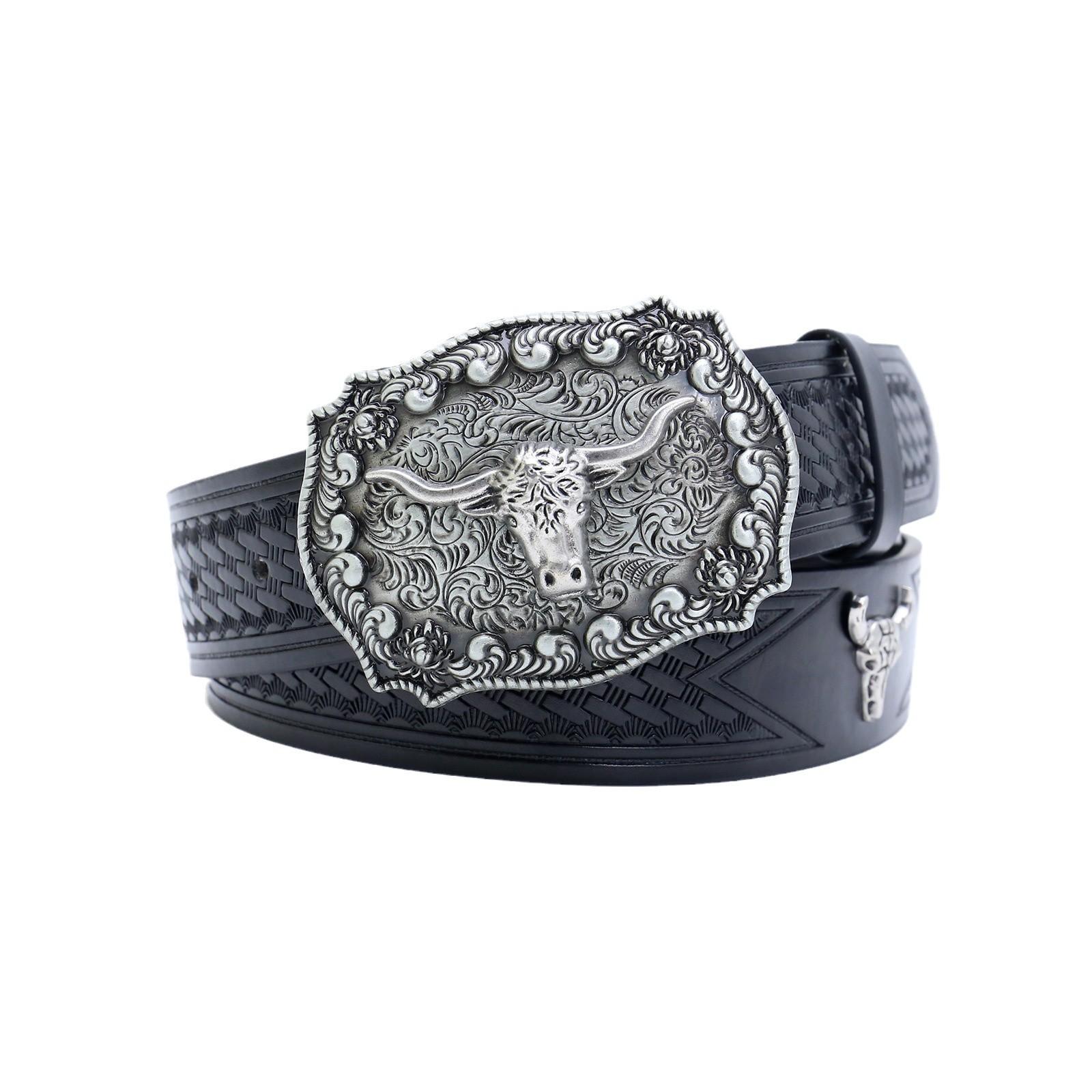 

Ремень из джинсовой ткани Western Silver Bull Head Big Board Buckle Vintage Men s Punk Hip Hop Pu Leather XL size (125cm)