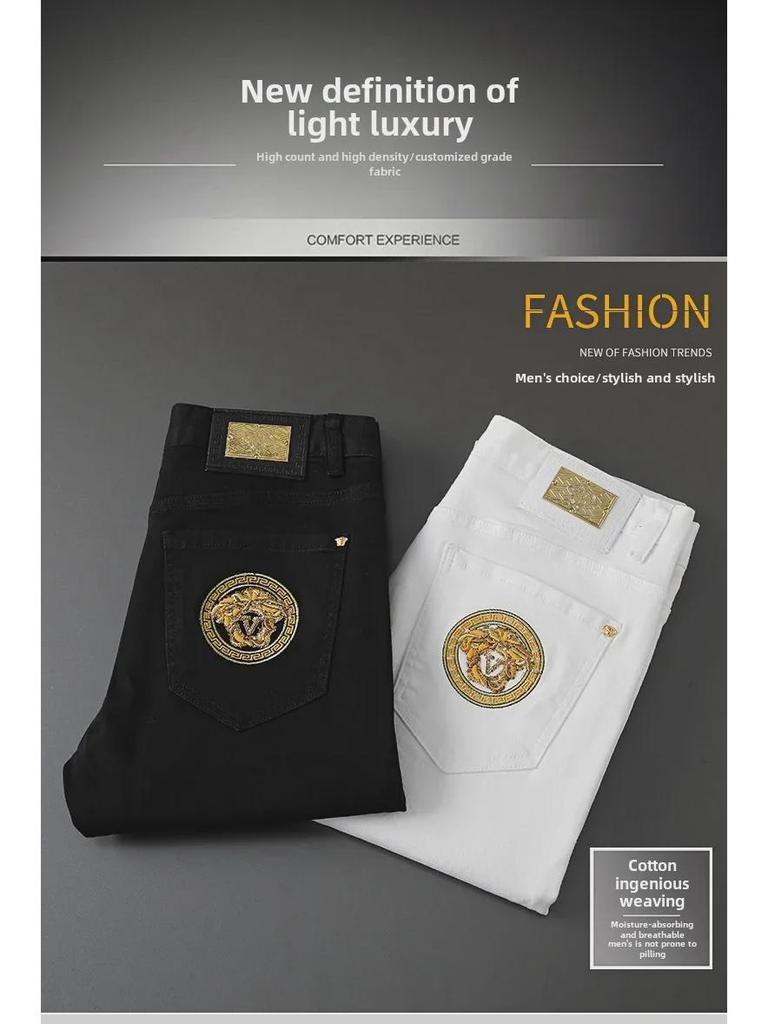 Men's Slim Straight Stretch Jeans with Gold Embroidery - Spring/Autumn Collection
