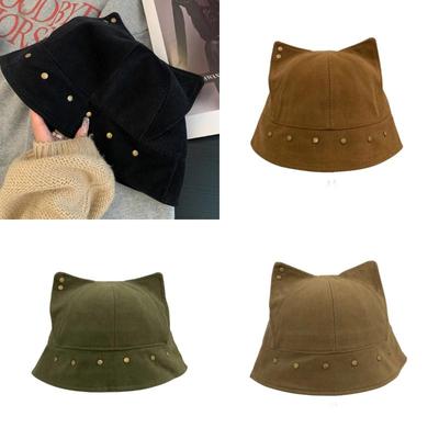 Cute Three-Dimensional Cat Ears Rivets Personalized Bucket Hat Spring Autumn Versatile Trend Sunshade Basin Cap For Women