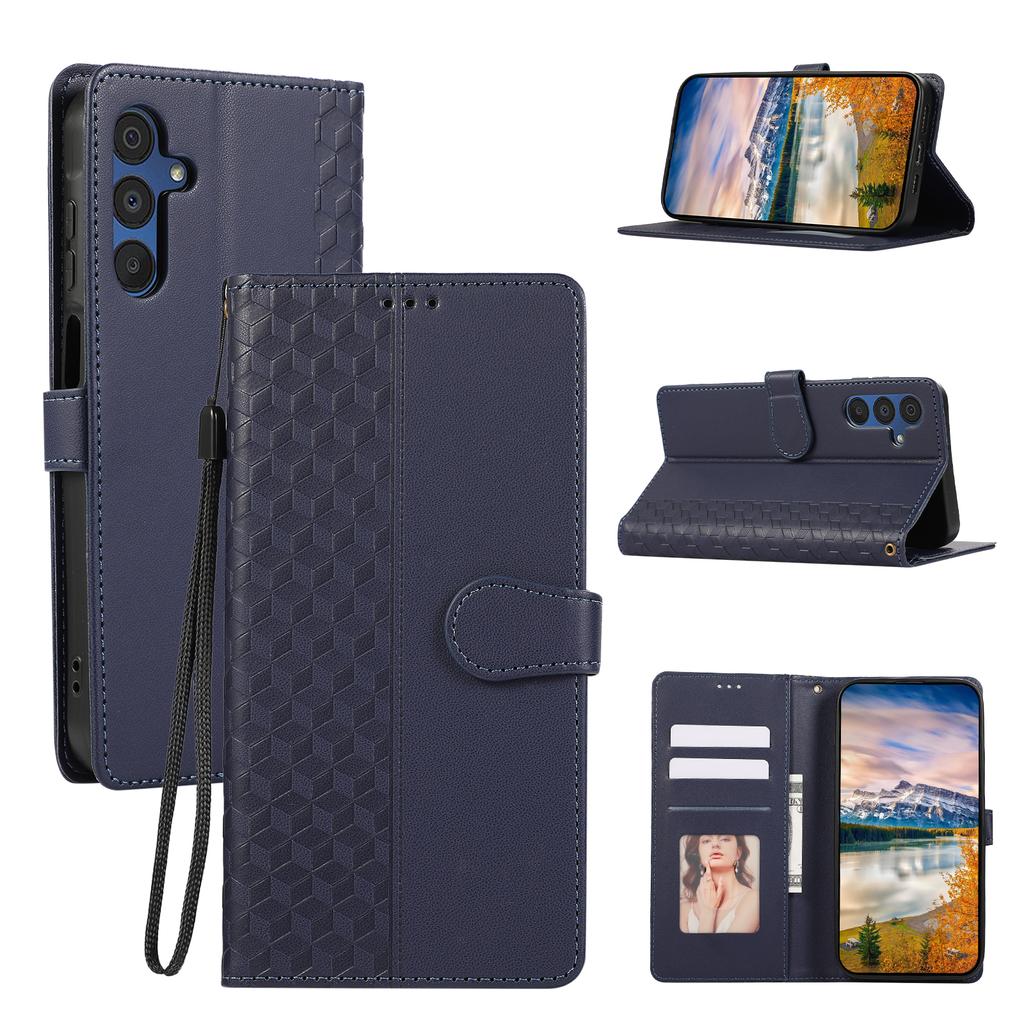 For Samsung Galaxy S25+/S24+ Case 3D Rhombus Grid Imprinted Wallet Leather Phone Cover with Lanyard