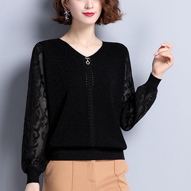 

Крутой тонкий трикотажный свитер для женщин с V-образным вырезом и длинными рукавами, мягкий повседневный свитер-пуловер для женщин, внутренняя одежда one size чёрный