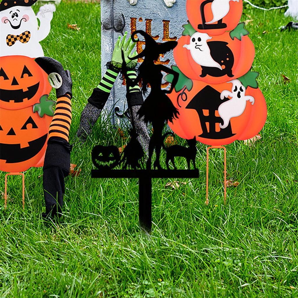 Spooky Halloween Garden Stakes Set with Witch Pumpkin and Black Cat Silhouettes - Metal Outdoor Decor for Lawn and Yard