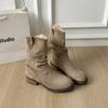 Vintage pleated new western rad mid-heel short boots women's beauty autumn thick heel fashion round head stacking boots
