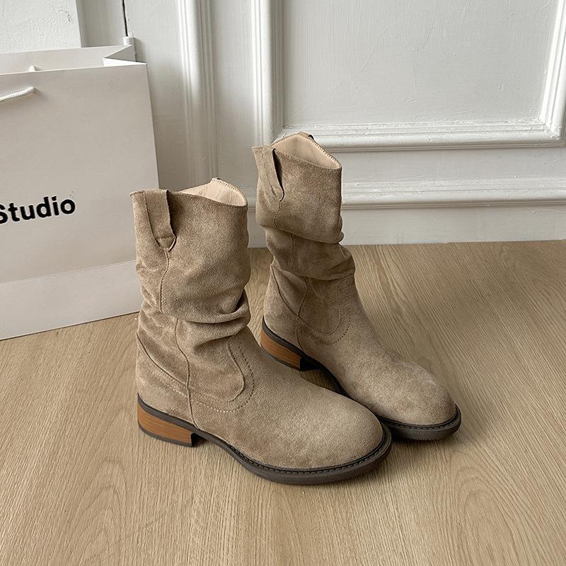 Vintage pleated new western rad mid-heel short boots women's beauty autumn thick heel fashion round head stacking boots