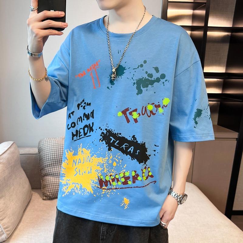 Camiseta de Verano para Hombre Streetwear Manga Corta Holgada Estampada Estudiante Casual Top Media Manga Cuello Redondo Camiseta de Marca