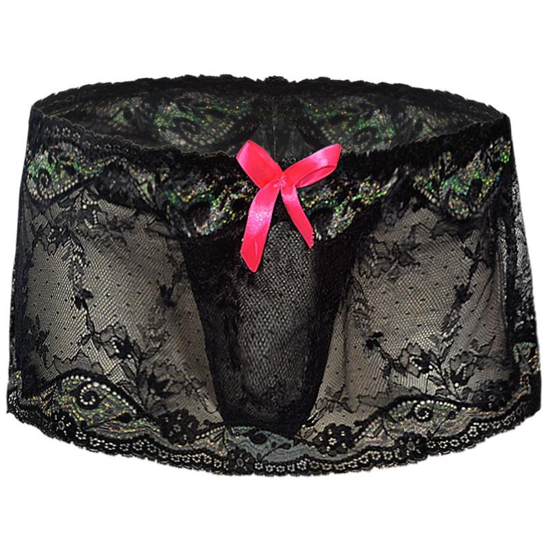 Men Lace Sheer Girly Underwear Sexy Sissy Pouch Panties Femboy Low Rise Bow Lingerie Skirted G-String T-Back Thong Gay Nightwear