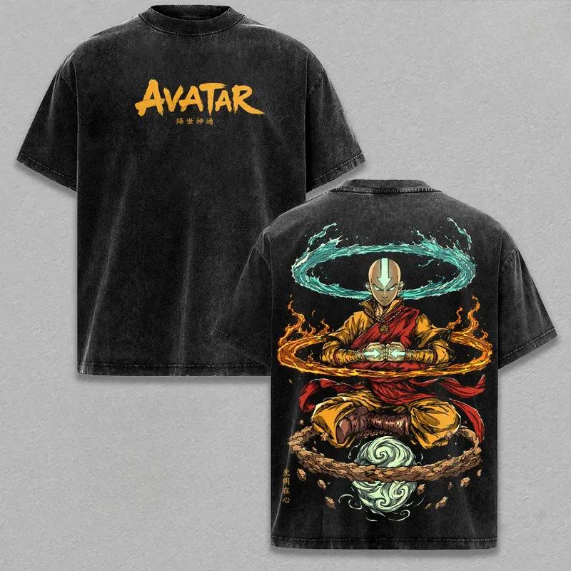 Avatar Der Letzte Airbender Aang Bedrucktes T-Shirt Herren Damen Retro Gewaschene T-Shirts Baumwoll-T-Shirt Kurzarm Kleidung Harajuku T-Shirt