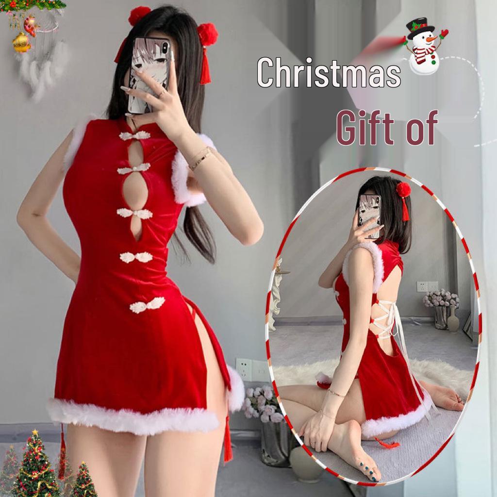 Shuo Yao Velvet Christmas Cheongsam: Sexy Bunny Cosplay Robe Set