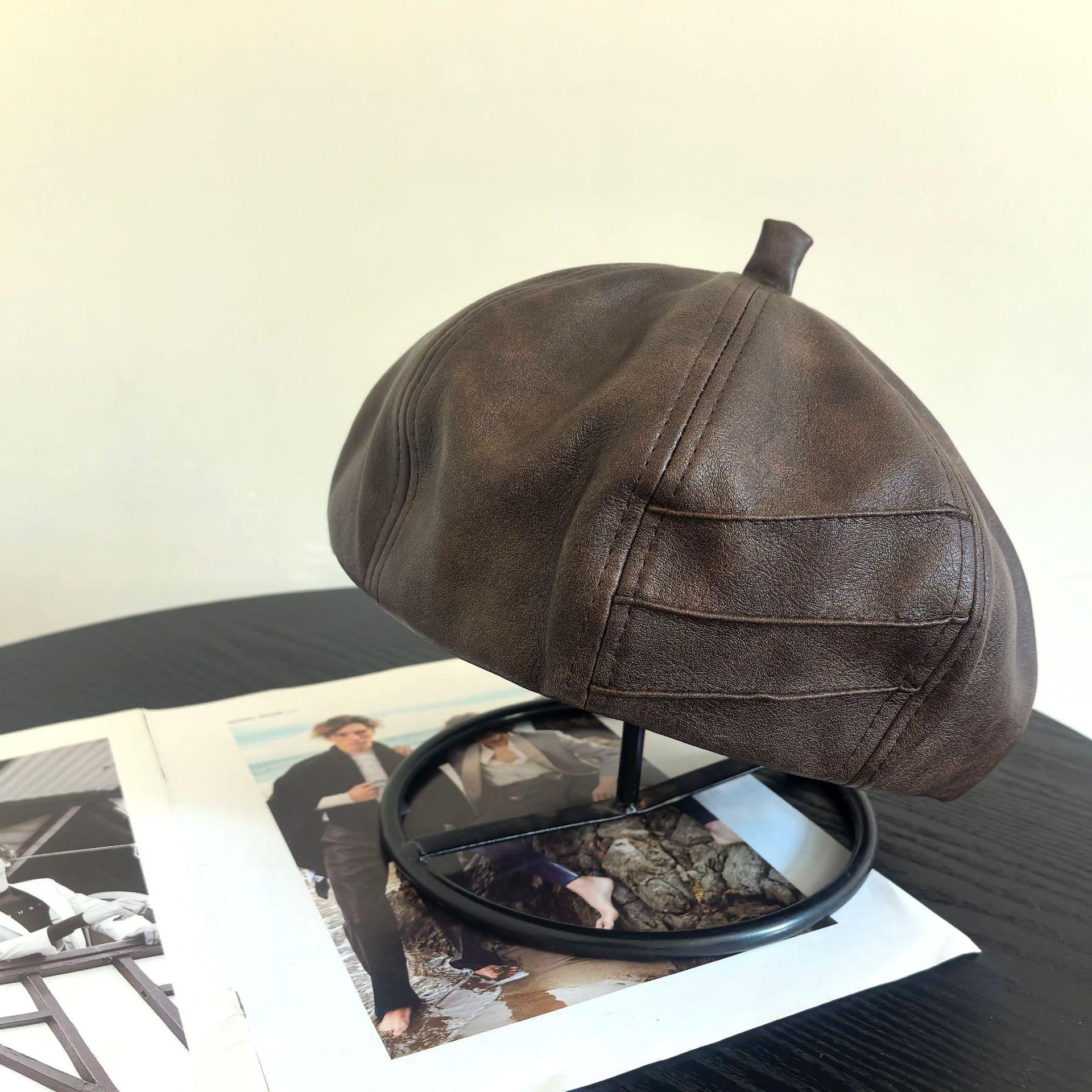 

Уличный повседневный декоративный берет ранней осени британский ретро ветрозащитный японский PU кожа текстура персонализированная тыквенная шляпа женская M（56-58cm） темно-коричневого