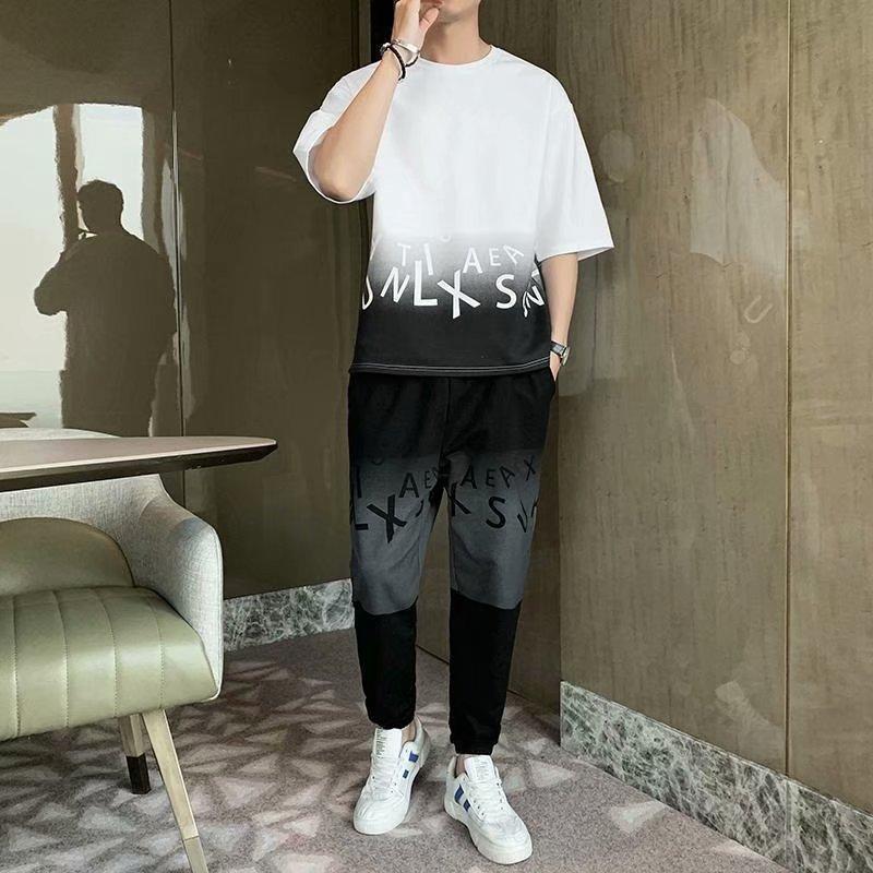 IELGY Casual Suit Men's Gradient Color Hip-hop Summer Korean Version Of The Trendy Brand Trousers And Short-sleeved Clothes A Set Of Collocation