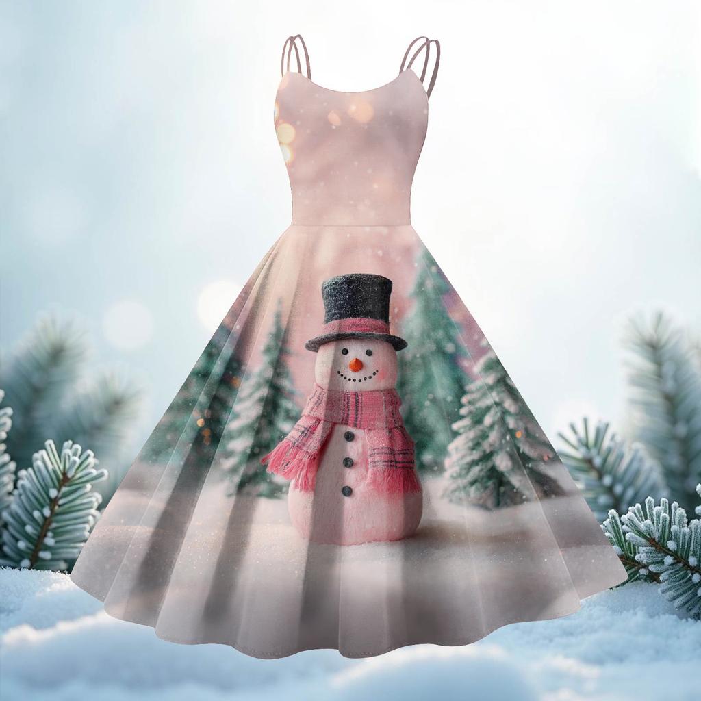 Women's Christmas Print Casual Fashion Round Neck Mid-Length Dress