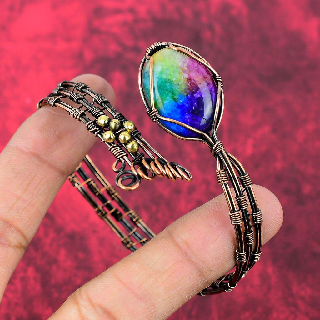 Rainbow Solar Quartz Druzy Bangle Copper Wire Wrapped Jewelry Adjustable Cuff Bracelet Handmade Copper Wire Bangle Gemstone Jewelry For Gift