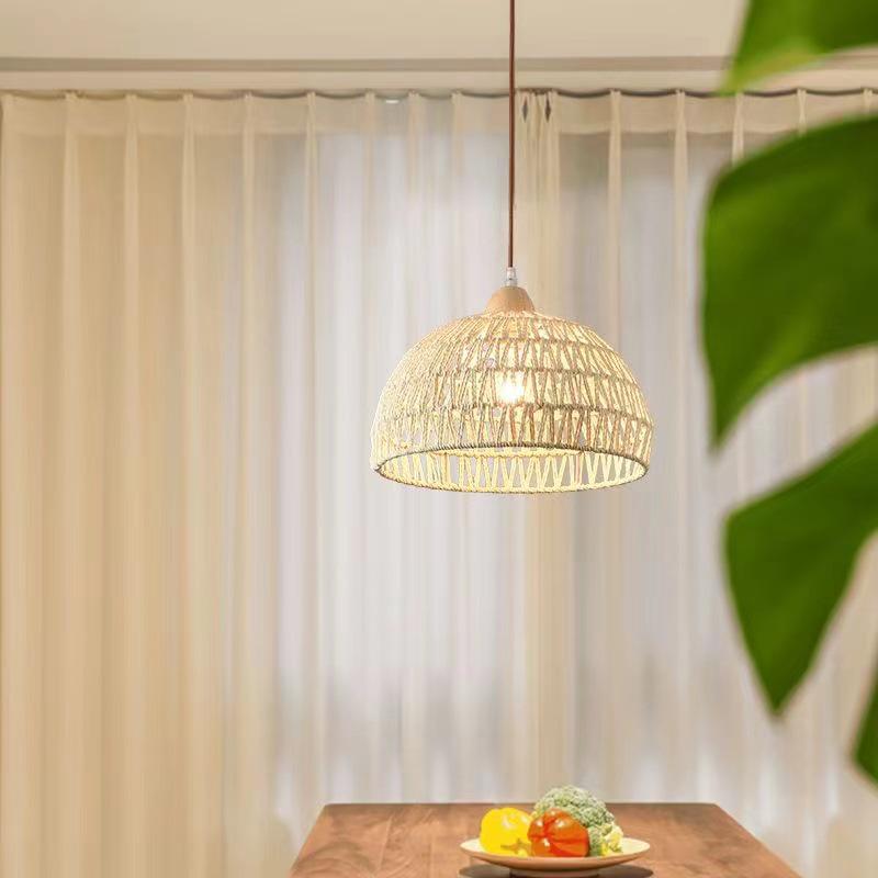 Solid Wood Pendant Light: Japanese Style Dining, Bar, Bedroom, Balcony, Retro Rattan Art, Cream Finish, Long Line Design.