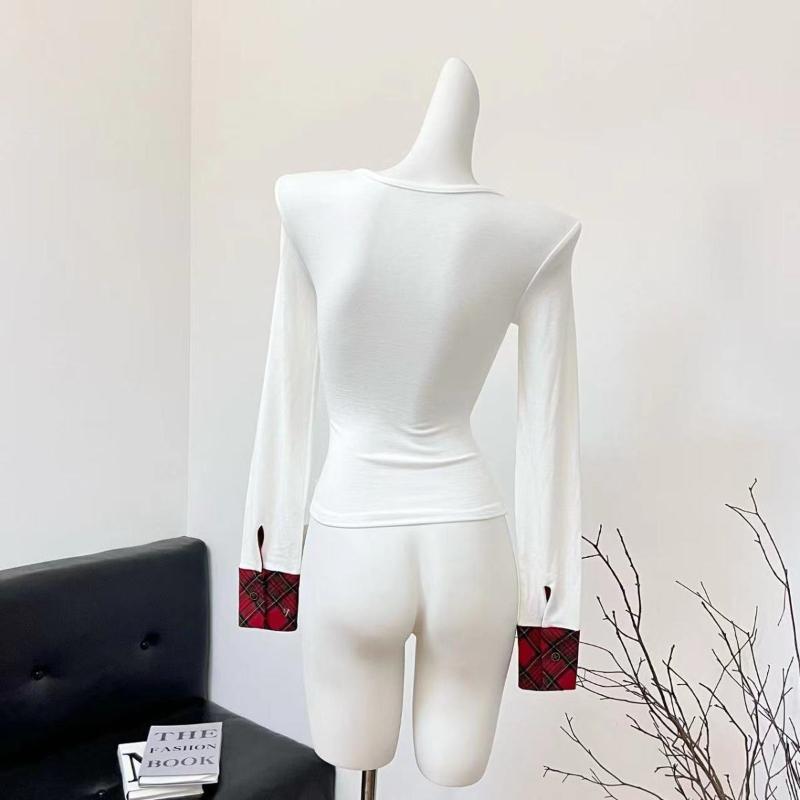 T-shirts à Carreaux de Créateur de Mode Coréen pour Femmes Automne Hiver Patchwork Manches Longues Esthétique Vintage Années 2000 Tendance Hauts Col Rond