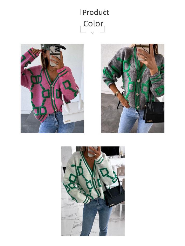 2023 Herbst & Winter Lockere einreihige Strickjacke mit V-Ausschnitt und europäischer und amerikanischer Handtuchstickerei