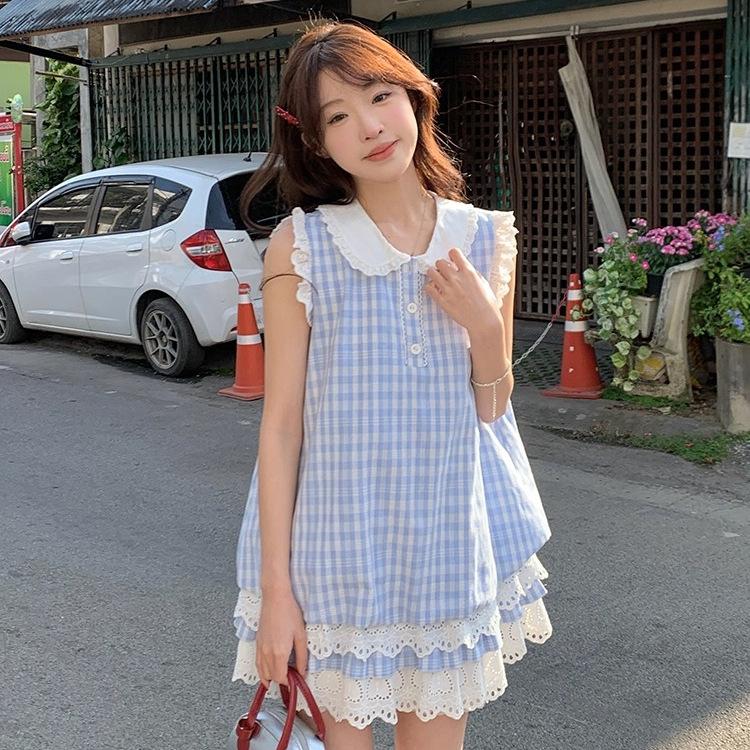 Japanese Sweet and Fresh College Style Plaid Lace Vest Splicing Dress Small Sleeveless Blue Plaid Skirt
