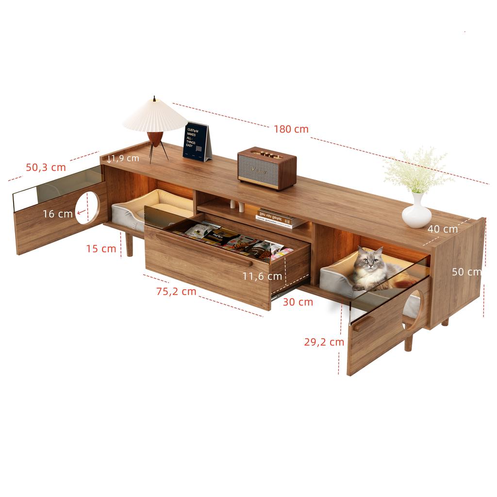 Mobile TV Moderno con Illuminazione LED, Spazio Riposo per Gatti, Ante in Vetro e 1 Cassetto (Cuscino per Gatto Non Incluso), Colore noce, 180x40x50 cm