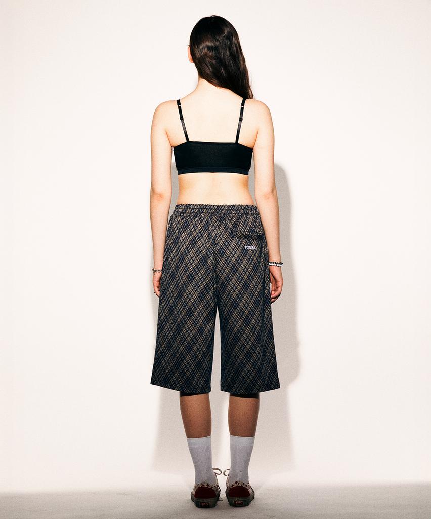 TONSIL Vintage Check Elastic Waist Bermuda Pants Navy