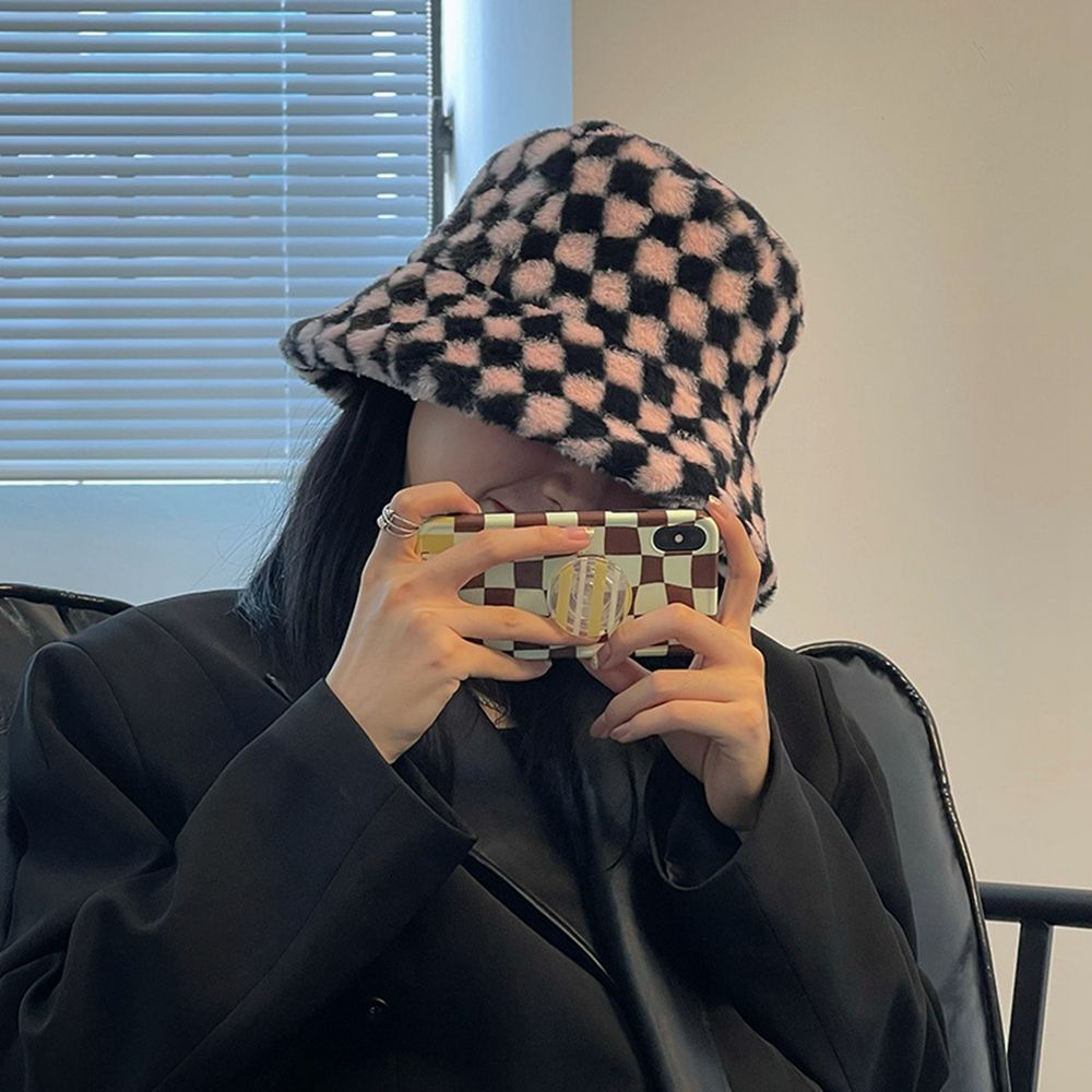 Lambswool Girl Plaid Casual Style Korean Style Caps Female Hats Checkerboard Hat Wool Bucket Hat