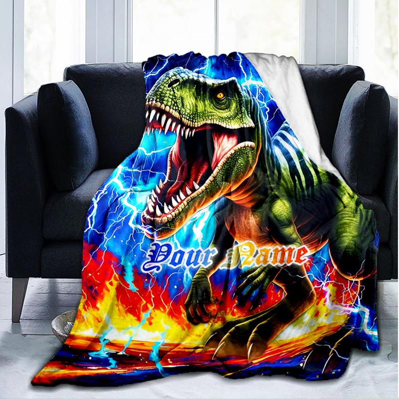1PC Custom Name Dinosaur Power outdooor Flannel blankets Patterns Throw Blanket All-Season Soft Gift for Couch, Bed, Camping gifts