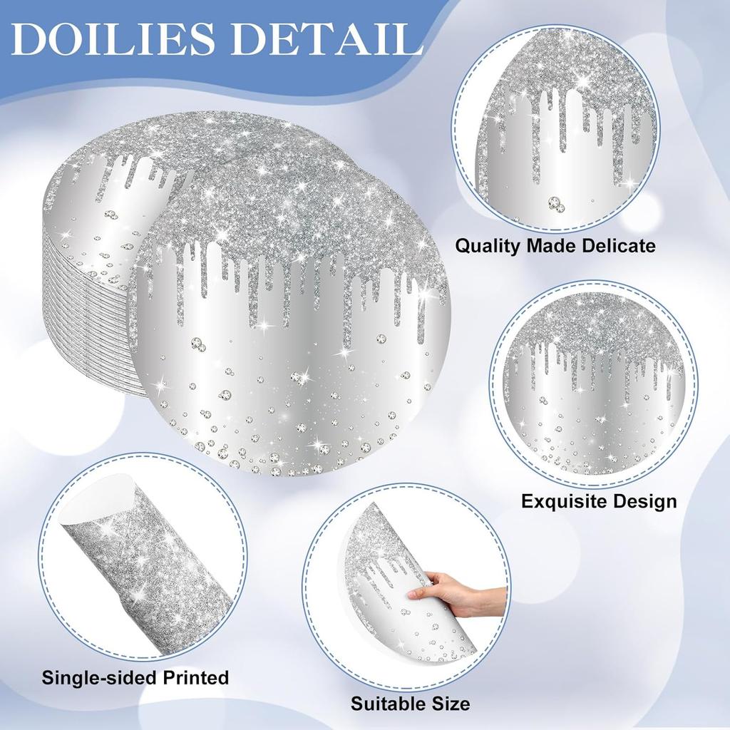 120 Pieces Silver Paper PlaceMats Glitter Diamonds Round Disposable Table Mats Decorative Paper Mats for Dining Wedding Birthday Silver Glitter