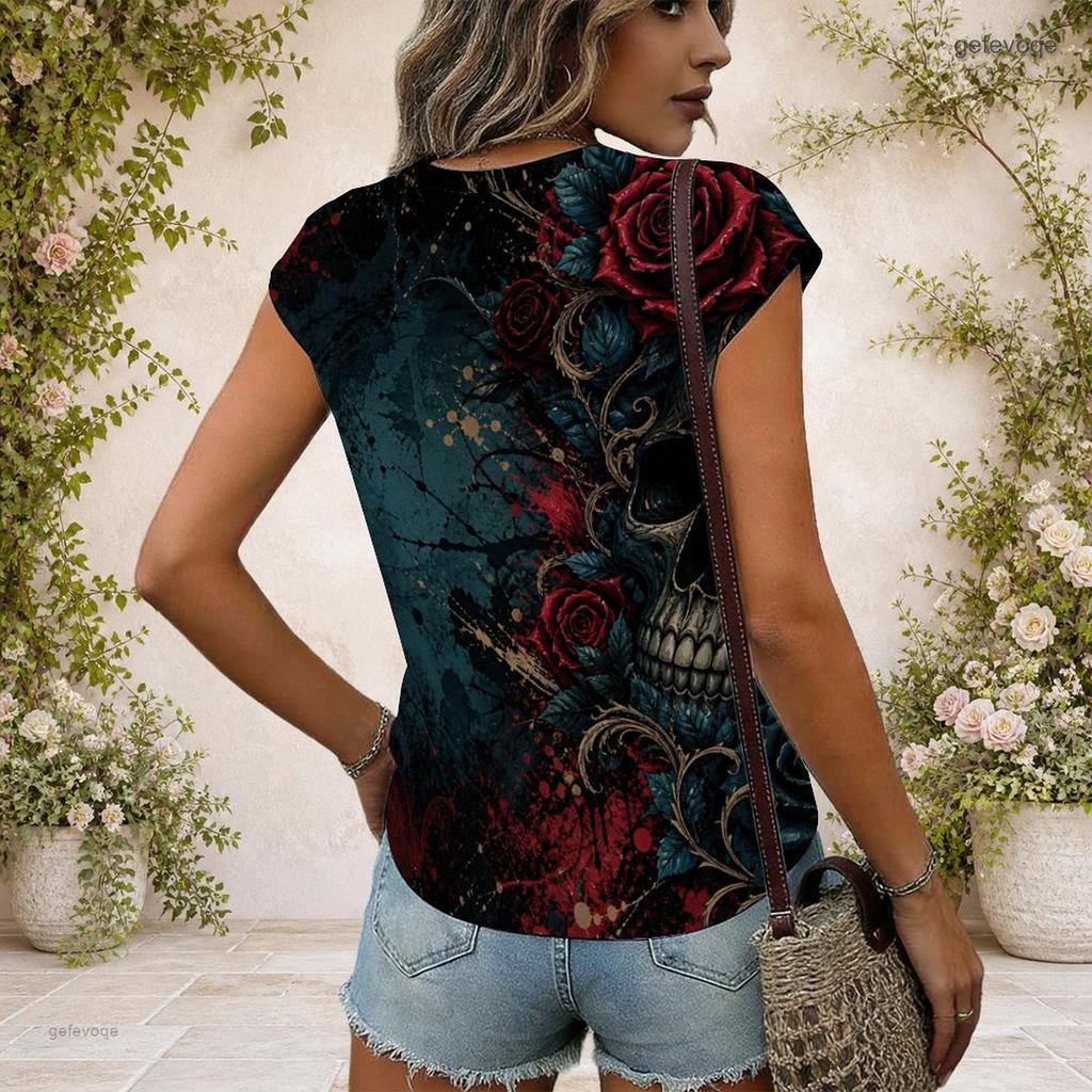 Women Plus Size V Neck Wide Short Sleeve Skull Moon Printed Black T Shirt