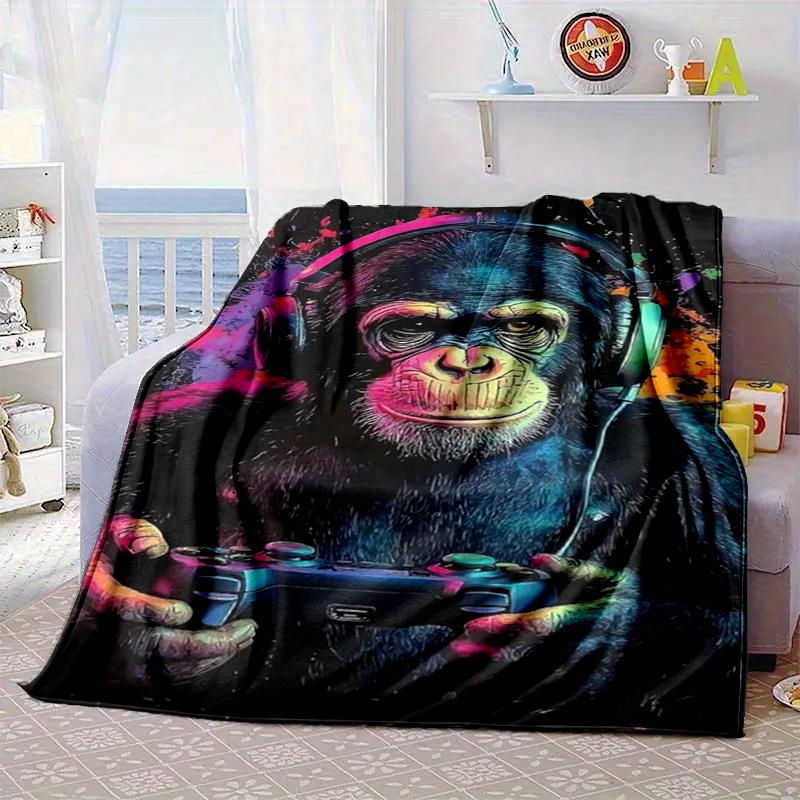Monkey Music Headphones Blanket Flannel Blanket for bed, sofa, Camping, Hiking, Picnic Essentials, gift for family Fan gifts