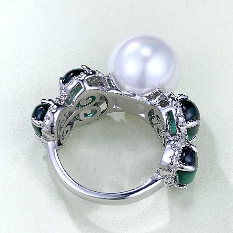 Xiancan 023 S925 Silver 12mm Shell Pearl Ring with Simulated Emerald, Women's European & American Style