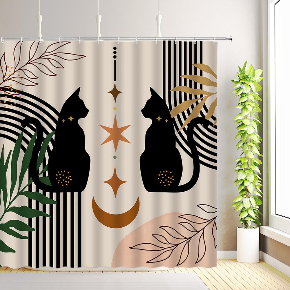 Mid Century Abstract Shower Curtain Boho Arch Sun Modern Minimalistic Plant Leaves Bathroom Decor Fabric Curtains with Hooks