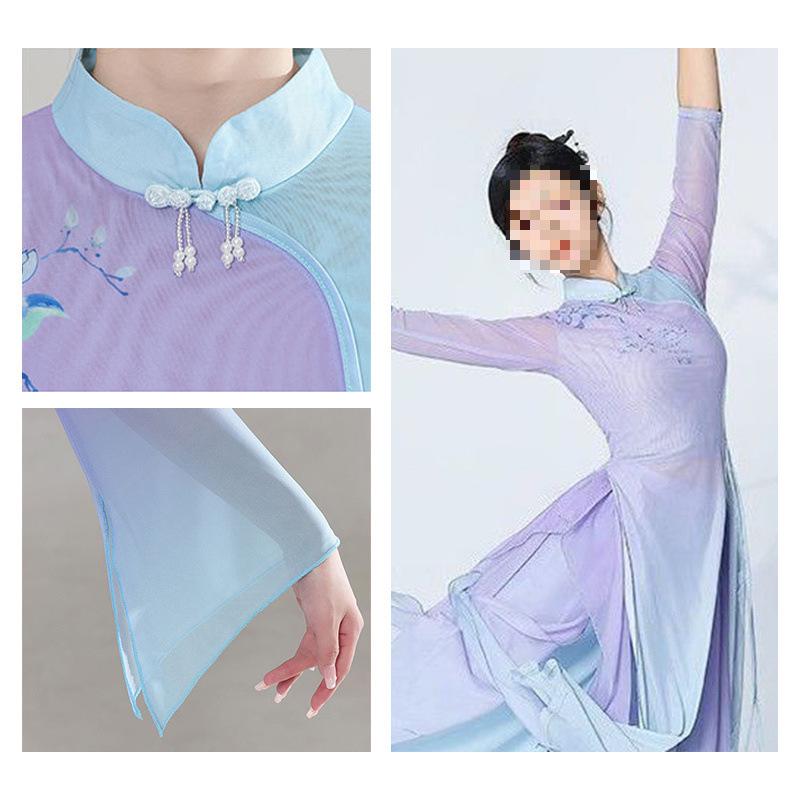 Purple Gradient Classical Dance Qipao Dress - Flowing Collar Performance Costume for Women