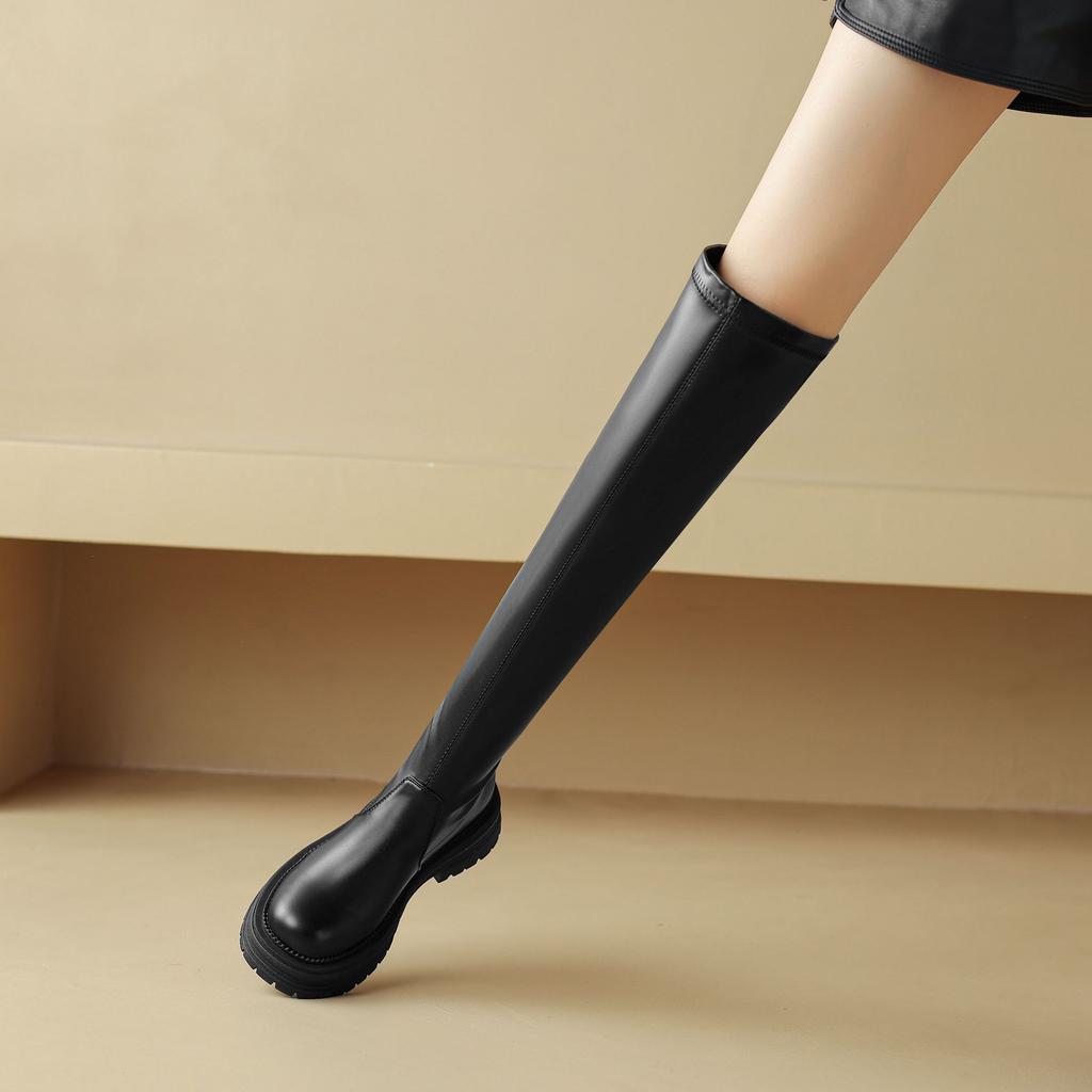 Krazing Pot Microfiber Autumn Winter Shoes Med Heels Flat Platform Size 42 Over-the-knee Boots Slip On Elastic Thigh High Boots
