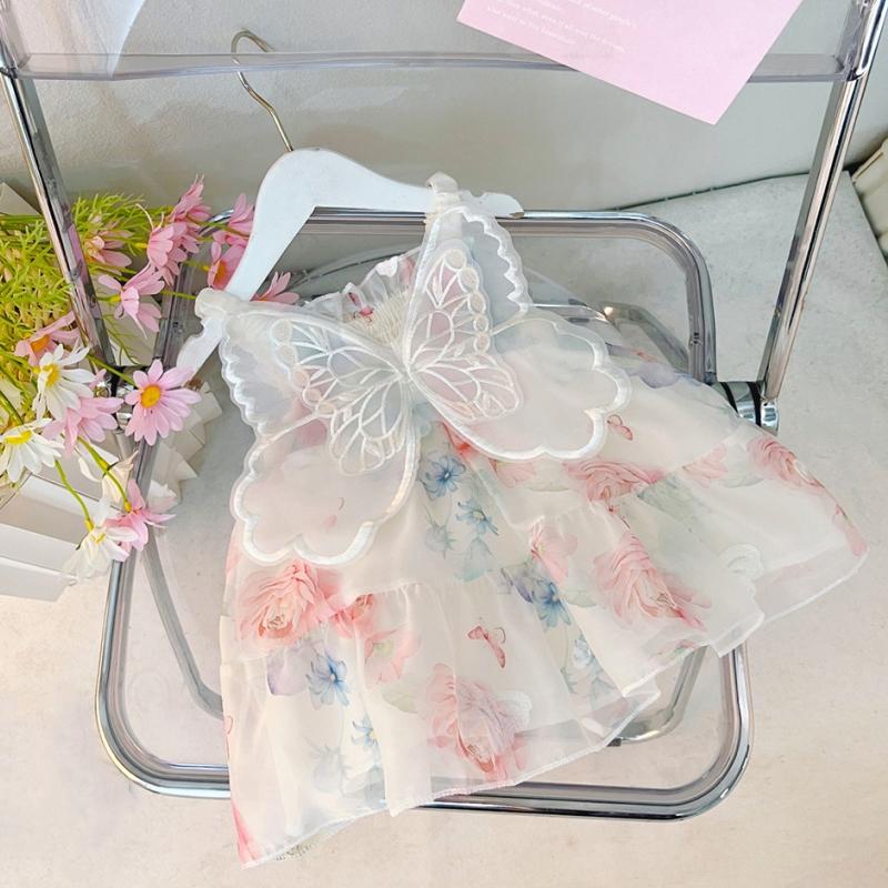 Summer Sweet Winged Princess Dress Fashion Flowers Printed Dress Bow Sleeveless Princess Dress Children's Day Party Dress 0-3Yrs